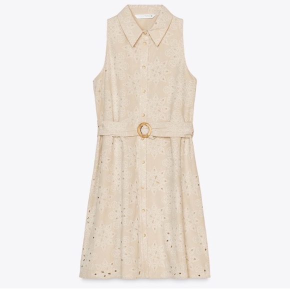 Zara Beige Cutwork Embroidered Sleeveless Belted Cotton Mini Shirt Dress Med NEW - Picture 12 of 12